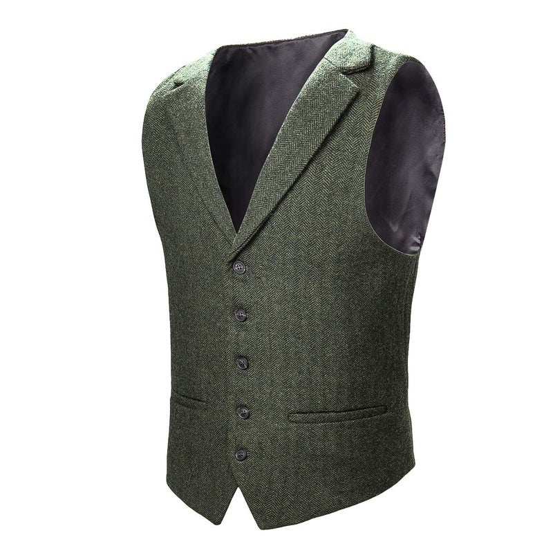 VOBOOM Mens Herringbone Tailored Collar Waistcoat Fullback Wool Tweed Suit Vest (Army Green, Small) - Image 1